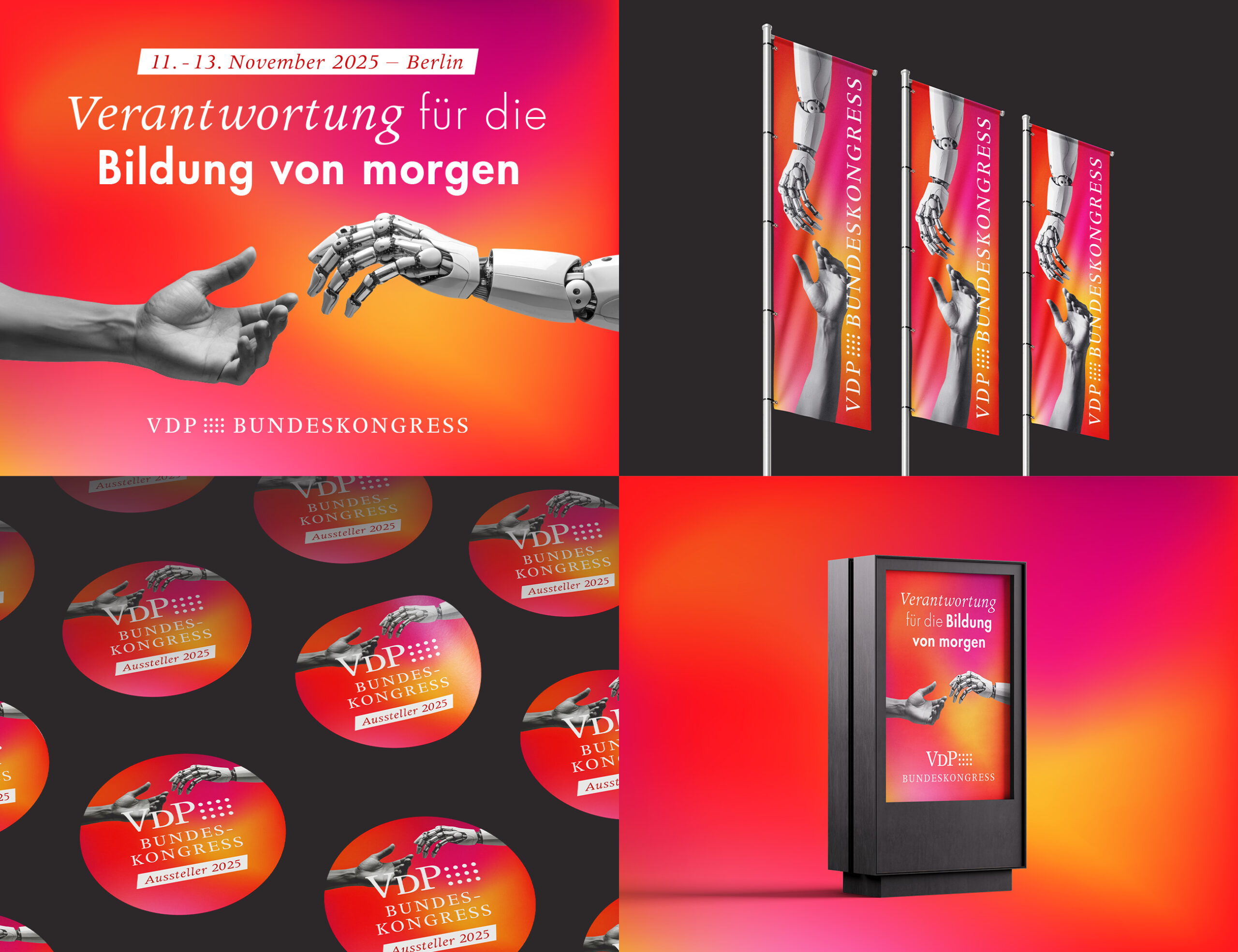 Das KeyVisual für den Bundeskongress 2025 des VDP und dessen Anwendungsfälle, wie z.B. die Adaption auf Flaggen, Buttons und ein CityLight.